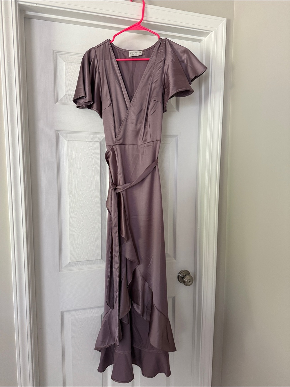 Dress Forum Mauve Satin Wrap Maxi Dress with Ruffle Detail